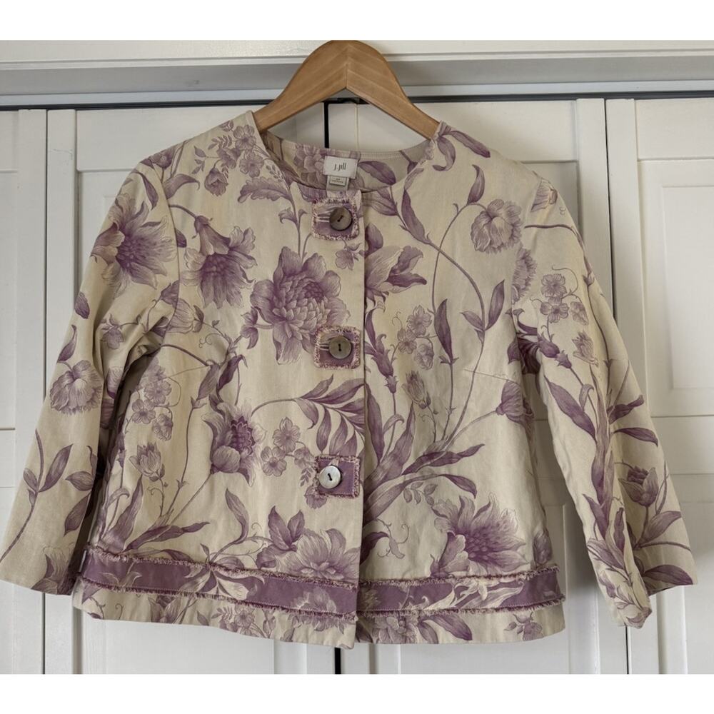 💜 J. Jill Womens Button Front Floral Jacket petite small Cream Purple